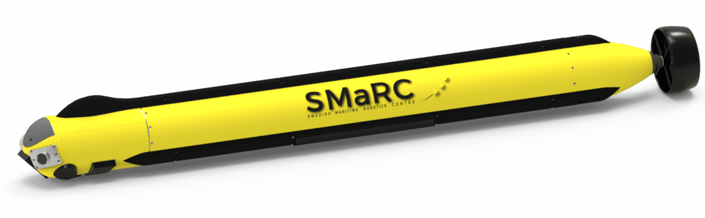 Gul, avlång undervattensdrönare märkt SMaRC, fotograferad mot vit bakgrund.